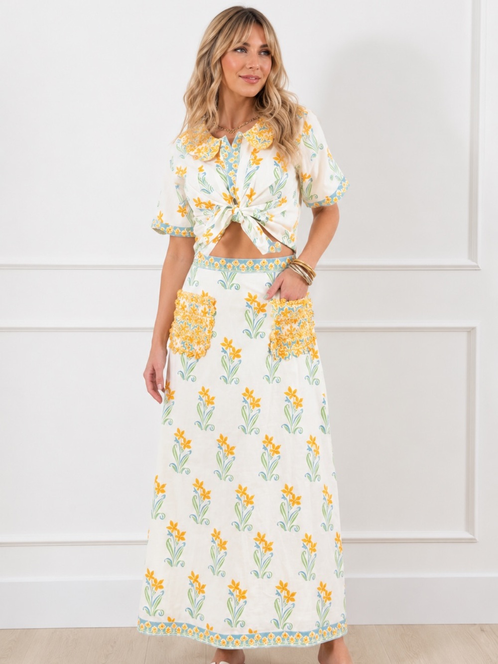 POL floral print woven maxi skirt with patch pockets and top SET